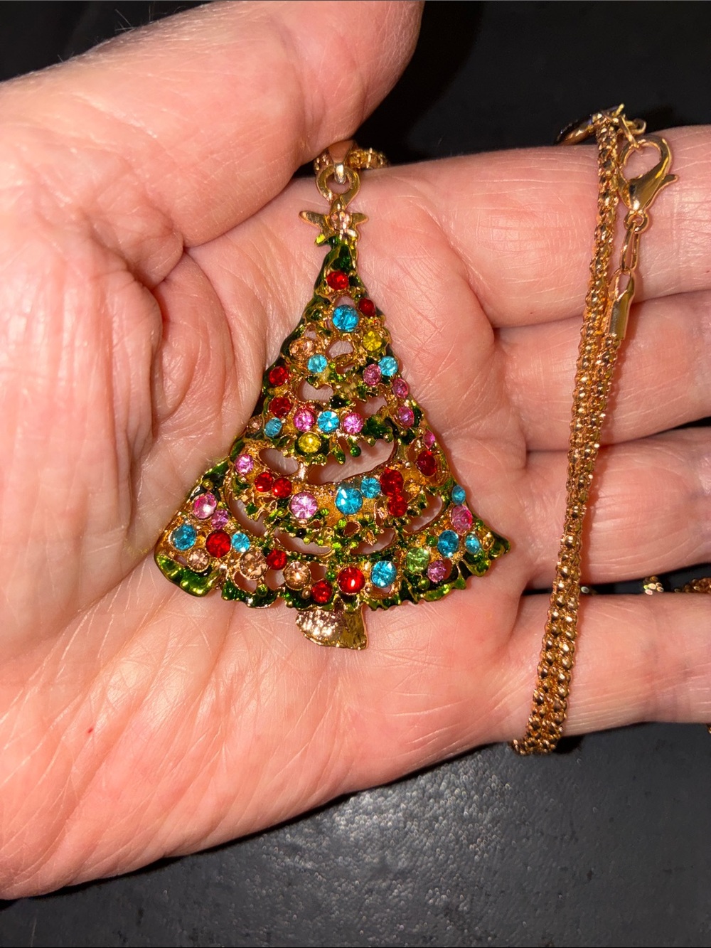 Festive Multicolor Crystal Christmas Tree Pendant Necklace